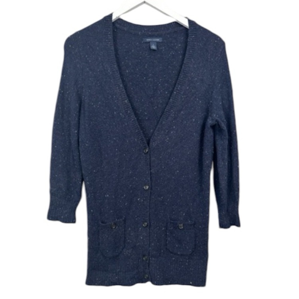 Tommy Hilfiger Navy Speckled Wool Blend Long Button Down Cardigan Sweater Medium